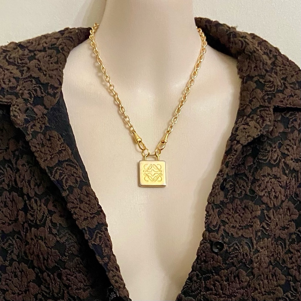 Vintage Authentic Loewe Anagram Gold Plated Charm With 18-Inch Chain Necklace 265$
